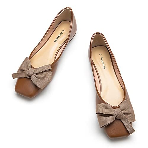 C.Paravano Women's Flats | Square Toe Shoes for Women | Women Leather Ballet Flat | Flats for Woman Dressy | Brown Flat Shoes | Slip On Bowknot for Work Casual & Wedding Party (Size 6.5,Brown)