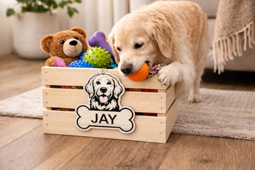 Personalized Cedar Dog Toy Storage Crate Bin – Custom Engraved Wooden Pet Toy Organizer, Open-Top Dog Toy Box for Living Room, Entryway & Home Décor