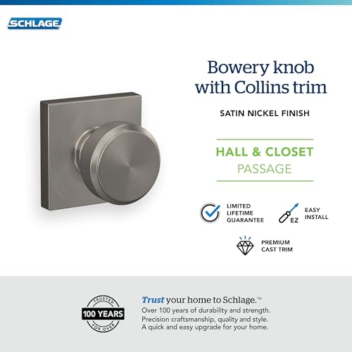 Image of Schlage F10 BWE 619 COL Bowery Door Knob with Collins Trim, Hall & Closet Passage Lock, Satin Nickel