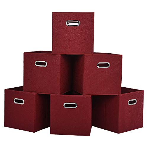 Embossed Claret Red 2 Metal Handles Foldable Storage Cubes, Home Decorative Fabric Drawers Clothes Organizer Storage Bin, 6 Pack