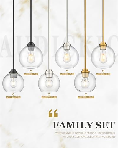 Image of 2 Pack Pendant Lights Kitchen Island, 8 inch Black Pendant Light Fixtures with Globe Clear Glass Shade, Modern Kitchen Island Lighting for Bathroom, AD-22280-2PL-BK