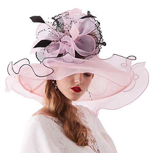 Go Mai Women Kentucky Derby Hat Organza Hats Two Wear Ways,Hat Flower Can Be Used As a Headwear, Light Pink, One Size
