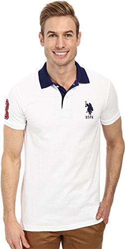 U.S. Polo Assn. Men's Slim Fit Pique Polo, White/Dodger Blue, Large