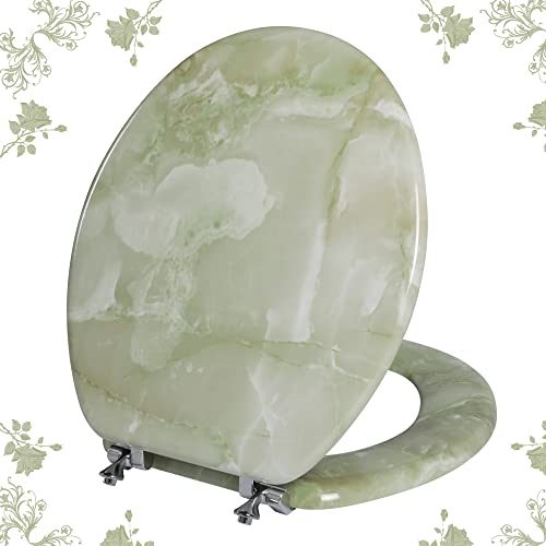 Round Toilet Seat Natural Wood Toilet Seat with Zinc Alloy Hinges Easy to Install also Easy to Clean Anti-pinch Marble Toilet Seat by Angol Shiold (Round Green Marble)