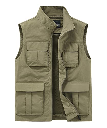 Yukirtiq Herren Anglerweste Outdoor Weste mit Vielen Taschen Fischerweste Schnelltrocknend Sommerweste Jagdweste Leicht Fotoweste Safariweste, Khaki, XXL