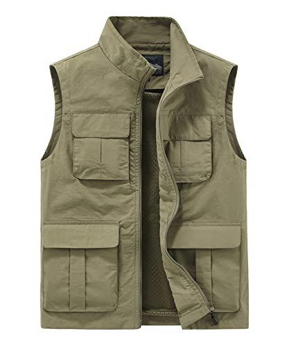 Yukirtiq Herren Sommer Outdoor Weste Leicht Atmungsaktiv Anglerweste Schnelltrocknend Safariweste Funktionsweste mit vielen praktischen Taschen Jagdweste Wandernweste, B-Khaki, 3XL