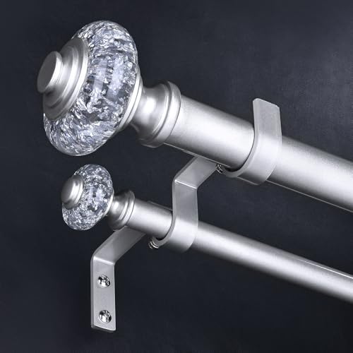 Wolistsa Silver Double Curtain Rods for Windows 72 to 144 Inch, 1" Adjustable Decorative Crystal Long Dual Curtain Rod, Heavy Duty Vintage Double Drapery Pole with Silver Foil Finials for Living Room