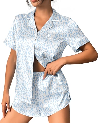 Image of Ekouaer Womens Silk Satin Pajama Set Print Short Sleeve Sleepwear Button Down Pjs Shorts Set Loungewear