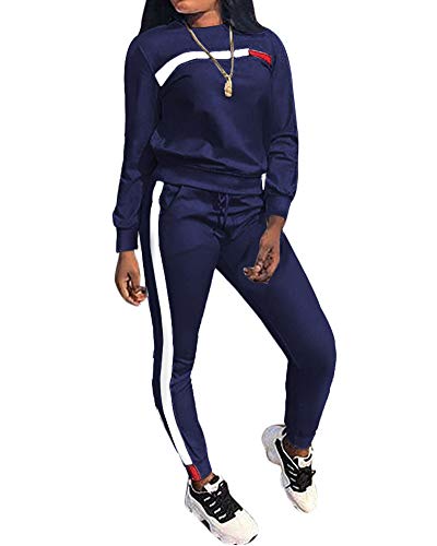 TOP-MAX Women's Sweatsuits, Women's 2 PCS Tracksuit Round Neck Long Sleeve Top Stripe Long Pants Jumpsuit Outfits Set for Sport
