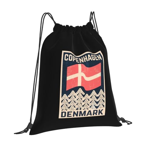 Danish-Flag-Copenhagen-Denmark-Retro- Drawstring Bags, Lightweight Gym Sack with Adjustable Cord, Water-Resistant Sports Backpack for Men Women, Travel, Yoga, College (Black)2