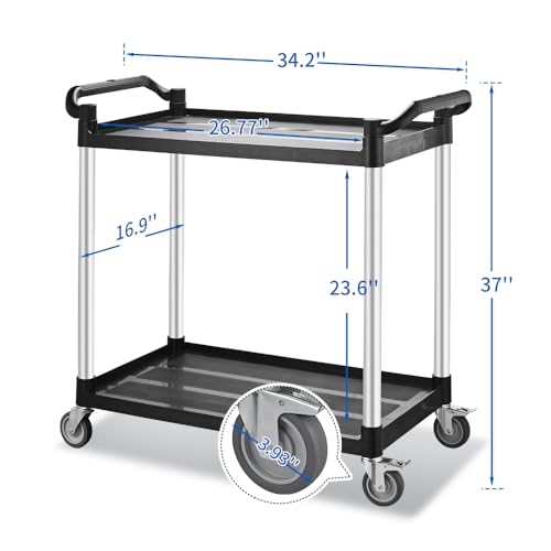Imaboie Large Utility Rolling Cart with Wheels,Plastic Utility Cart with 2 Lockable Wheels, Heavy Duty Restaurant Cart,Food Service Cart for Kitchen/Groceies/Warehouse.(2 Tier,34×17×37in / 340lbs)