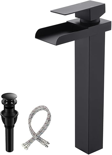 BF010B - Grifo de lavabo de baño, grifo de fregadero alto negro mate, grifo de fregadero de lavabo de lavabo de lavabo con desagüe desplegable