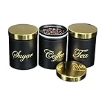 RLS Black Set of 3 Tea, Coffee, Sugar canisters Storage Container Set for Kitchen Accessories & Essentials | Black & Gold