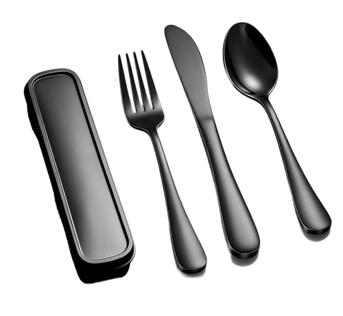 Image of 3 Pack Portable Cutlerys Set with Case – Stainless Steel Fork Knife Spoon for Lunch Box Camping Office, Reusable Portable Utensil Kit, Dishwasher Safe Black