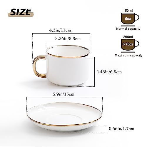 Agyiuns Tea Cups and Saucers with Gold Trim, 6.76 Ounce White Porcelain Tea Set & Coffee Cups for Latte, Cafe Mocha, Tea-Set of 4,Porcelain Mugs for Kitchen or Cafe(white and gold)