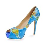 Women's Pumps/Navy Blue World Map Printed High Heels/Party Slip on Shoes/Elegant Open Toe Pumps/Navy Blue Platform Printed Stiletto Sexy Heels Size 10
