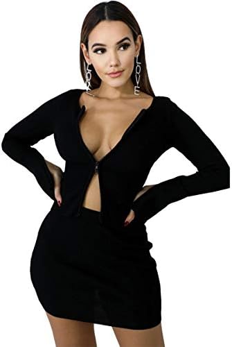 XLLAIS Women Long Sleeve Zipper Cardigan Crop Tops and Skirt Sets Sexy Mini Bodycon Dress Black L