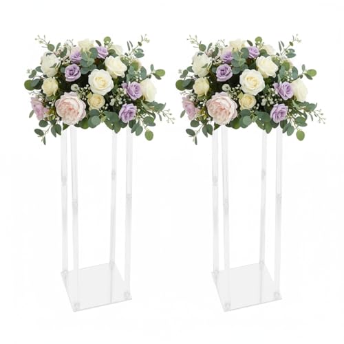 2 unidades de soporte transparente para flores, rectangulares para exhibición de flores, estante de metal, arco de boda, base de flores, jarrón de columna, 80 cm de alto, jarrón de flores de acrílico