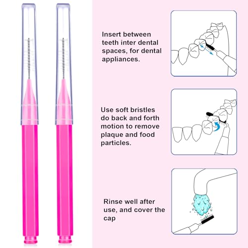 Image of Patelai 100 Pieces Braces Dental Brush for Cleaner Interdental Toothpick Dental Tooth Flossing Head Oral Hygiene Flosser Toothpick Cleaners Tooth Tool(Pink,Portable Size)