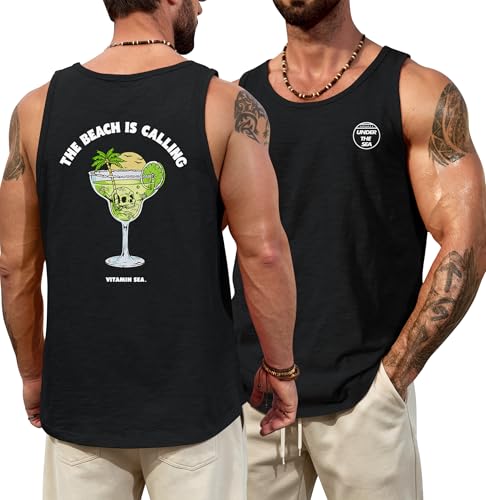Image of VOGSTART Mens Graphic Muscle Tank Top Beach Slub Cotton Sleeveless Shirts
