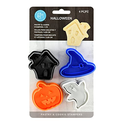 R&M Halloween Pastry & Cookie Cutter set of 4. Assorted Designs and Colors, Haunted House, Witch Hat, Pumpkin, Ghost. 2 Inch Assorted Color Cookie Cutters