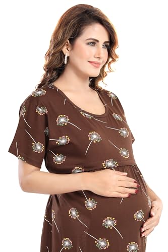 Image of Fabme Women's Full Length Printed Pre and Post Pregnancy Pure Cotton Nursing Nightdress Nighty