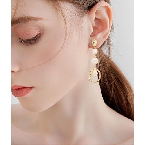 Baroque Long Pearl Earrings for Women 14K Gold Plated Irregular Geometric Pearl Drop Dangle Earrings Sterling Silver Post Long Earrings Dainty Earrings Wedding Party Prom Birthday Jewelry Gift2
