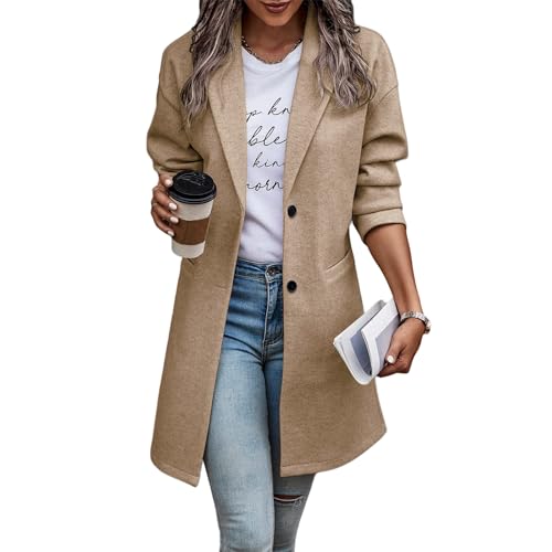 Women Trench Coat Notch Lapel Single Breasted Pea Coat Casual Mid Length Coat Wool Blend Long Sleeve Winter Coat