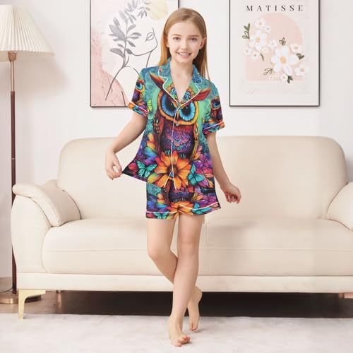 ALAZA Ethnic Owl Blossom Butterfly Satin Pajamas Set Short Sleeve Button Down Sleepwear Summer Pjs 2 Piece3