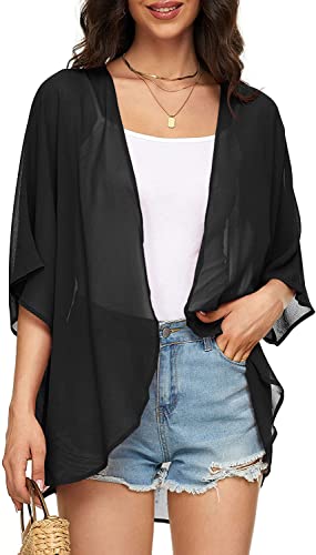 Image of Indian Trendy Women's Solid Puff Sleeve Kimono Cardigan Loose Cover Up Casual Blouse Top Chiffon