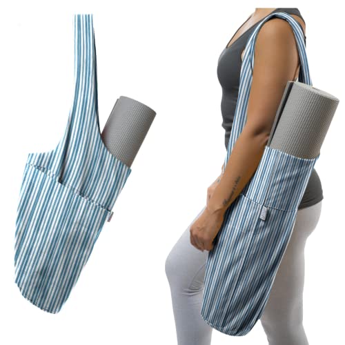 Yogiii Yoga Mat Bag | The ORIGINAL YogiiiTote Yoga Bag | Sling Mat Tote w/Large Side Pocket & Zipper Pocket | Yoga Mat Carrier Fits Most Size Mats (Striped Iceberg Blue)