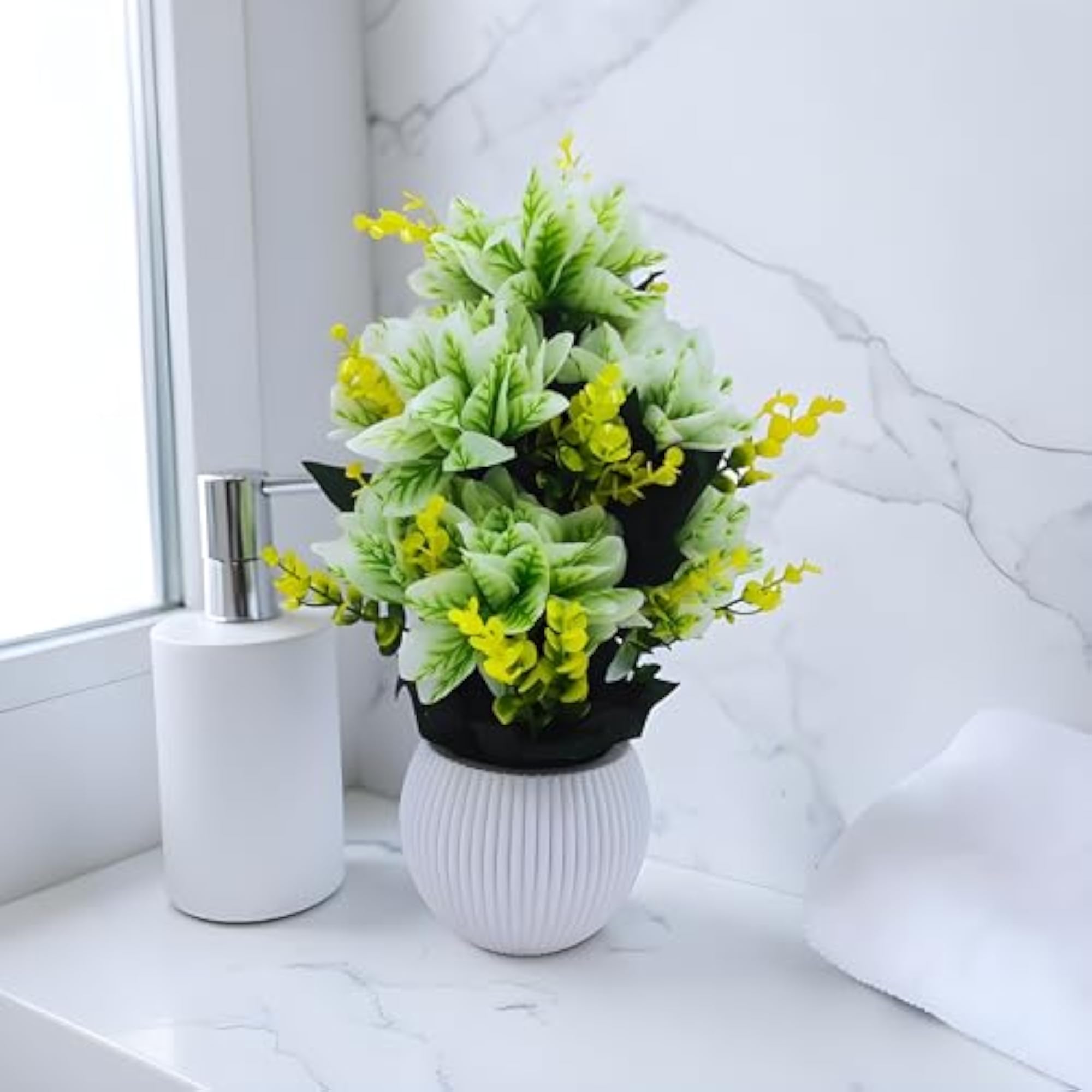 Artificial Plant with Pot, Green and Yellow Flowers