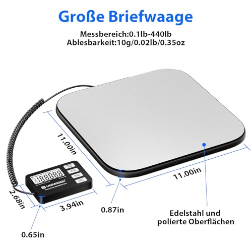 UNIWEIGH Paketwaage 440 lb/0,35 oz Genauigkeit, digitale Briefwaage für Pakete mit PCS/Halte/Tara Funktion, Plattformwaage für kleine Unternehmen, Gepäck, Heimgebrauch, Batterie und USB-A
