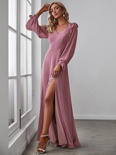 Image of Ever-Pretty Women's Fall Winter Formal Wedding Guest Dress Long Sleeve V Neck Chiffon Floor Length Bridesmaid Dresses 80116