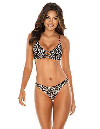 RELLECIGA Women's Leopard Strappy Triangle Bikini Top with Cheeky Brazilian Cut Bikini Bottom Size Medium