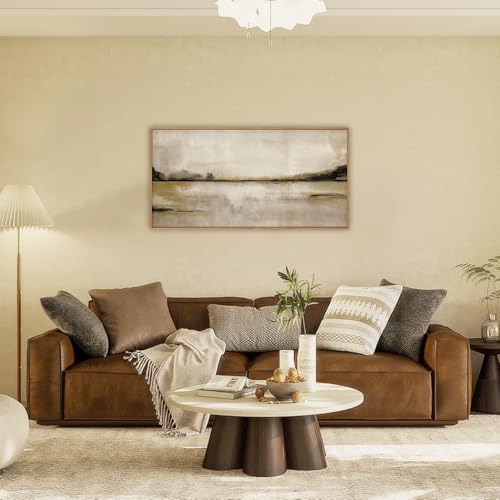 Image of KAIRNE Neutral Abstract Landscape Framed Canvas Wall Art Set, Retro Mountain Lake Wall Decor, Vintage Tan Scenery Art Prints, Modern Nature Artwork for Living Room,Bedroom,Farmhouse,Office-40 x20 x1