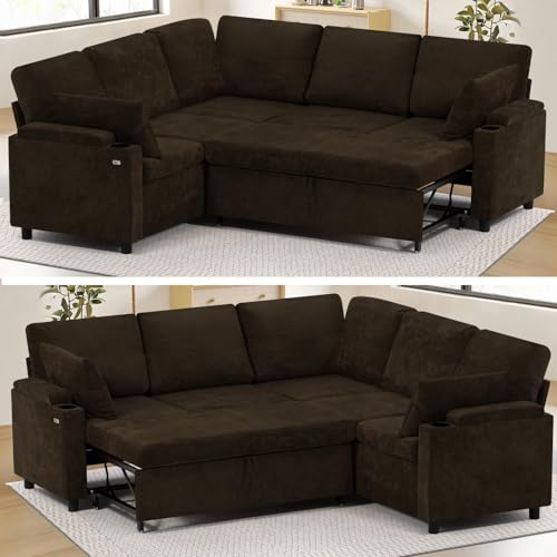 Image of 85 inch Chenille Sectional Sofa w /Pull Out Bed & Storage Space, Orange | Upholstery L Shaped Couch w /Cup Holders, Modern Corner Sofa w /USB Charging Port & Throw Pillow for Living Room