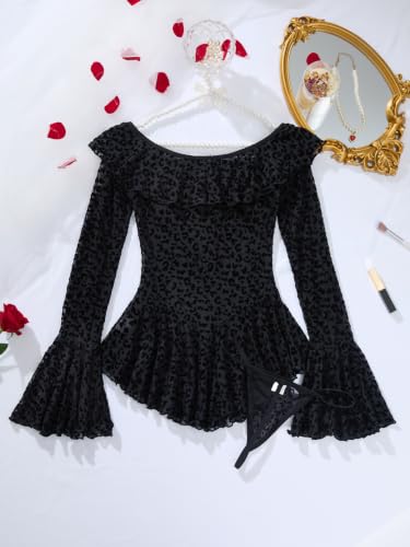Image of Foxiny Sheer Ruffle Long Sleeve Babydoll Lingerie Dress | Off-shoulder neckline, flared cuffs and a flounce hem add movement; thong and thigh-high stockings complete the 3-piece set
