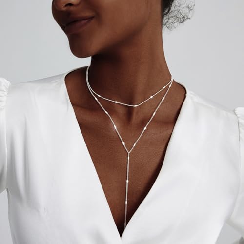 luxval lariat silver necklace for women dainty long necklace silver y-shaped pendant necklaces trendy beaded chain drop necklaces jewelry for women gifts