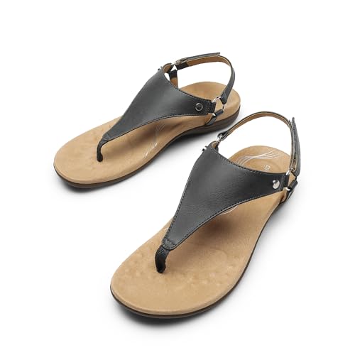 DREAM PAIRS Women's Flat Sandals Arch Support Orthopedic Comfortable Soft Cushion Summer T-Strap Walking Thong Sandals,Size 9,Grey-Pu,SDFS2407W