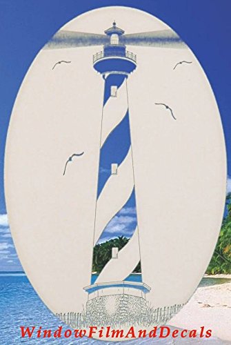 Hatteras Lighthouse Oval Etched Window Decal Vinyl Glass Cling - 10.5" X 16" - White With Clear Design Elements #TOP16