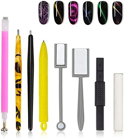 8 Pieces Nail Magnet Tool Set, Double-head Flower Design Nail Magnet Pens Magnet Stick 3D Magnetic Cat Eye Gel Polish Nail Art, for DIY 3d Magnetic, Salon, Studio or Home