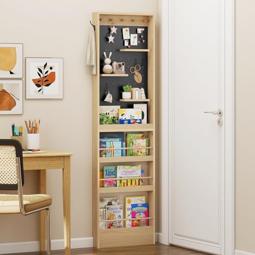 Image of ELECWISH Kids Bookshelf, Behind The Door 70" Tall Bookcase with Open Display Shelves, Wall Mounted Space-Saving Narrow Book Shelf with Pegboard for Children's Study Living Room, Nursery