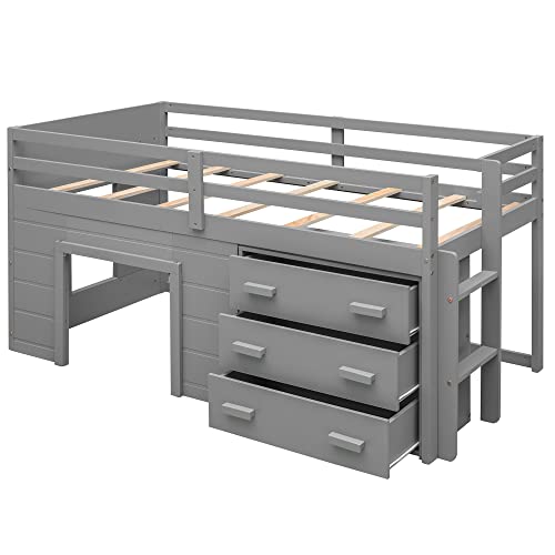 Softsea Low Loft Bed With Cabinet For Kids Twin House Loft Bed With Built-In Ladder Playhouse Bed (Gray, Loft) #TOP3