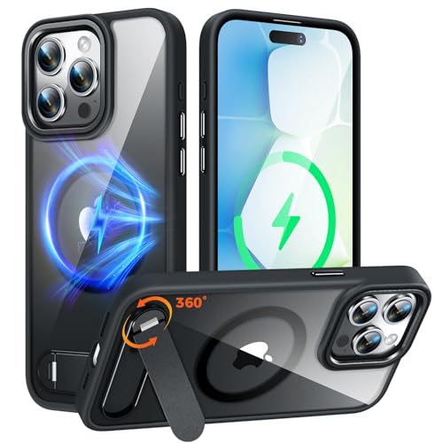 OLHAOMAO [Support Métallique 360° Rotatif] Coque iPhone 15 Pro, Compatible Mag&, Protection Antichoc Renforcée & Bords Surélevés, Kickstand Magnétique, Dos Anti-Jaunissement – Cadre Rigide en PC Noir