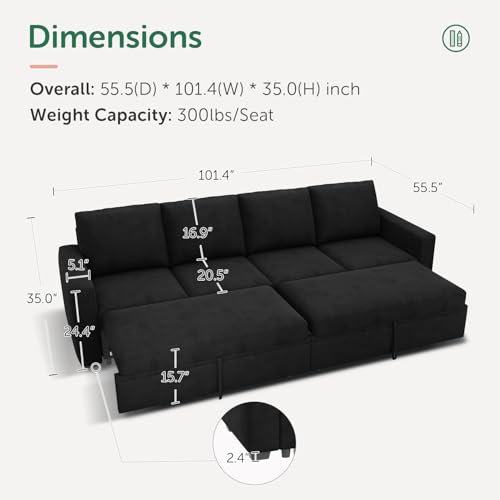 Image of HONBAY Modular Sectional Sleeper Sofa Bed, with Pull Out Bed, Linen Convertible Sectional Couches for Living Room - Black