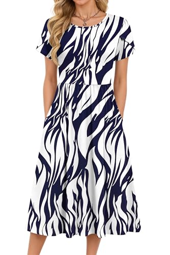 MOLERANI Women's Dresses - Elegant Petal Short Sleeve Round Neck Dresses Ladies Casual Swing Midi Dress Holiday Beach Dress with Pockets Leaf Navy White L