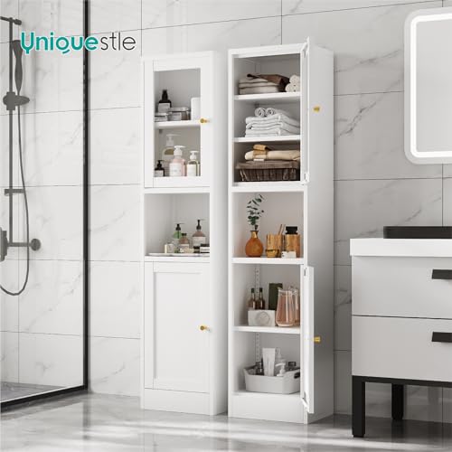Image of 67 inch Tall Narrow Storage Cabinet with Glass Door and Open Shelf,Metal Pantry Cabinet with Adjustable Shelves,Shaker Style Slim Cabinet for Bathroom Kitchen Small Spaces, White, 1Pc