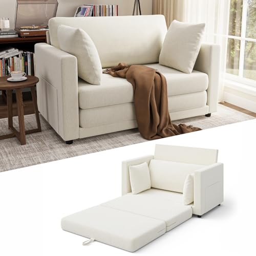 Convertible Sofa Bed with Pull-Out Sleeper Ivory White