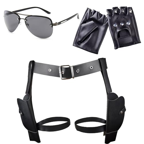 Cinturon con Pistoleras para Muslos Disfraz Cartuchera Pistola Gafas de Sol Negras Pistola Disfraz para Policia Cosplay Halloween y Fiestas Punk Guantes Sin Dedos Remache Funda